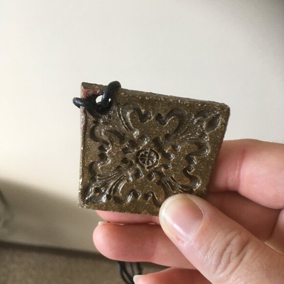 Terracotta Brown Ceramic Embossed Tile Necklace - Picture 5 of 7